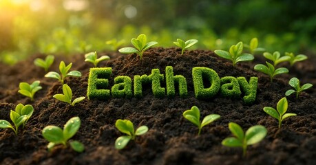 Earth Day celebration with green plants growing in brown soil outdoors