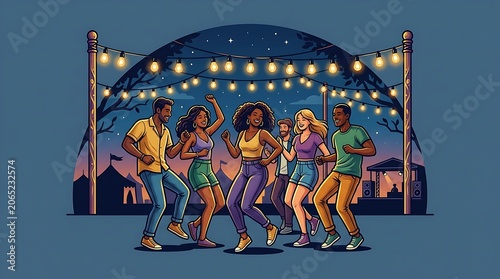 Happy diverse friends dancing under festive lights at a night party