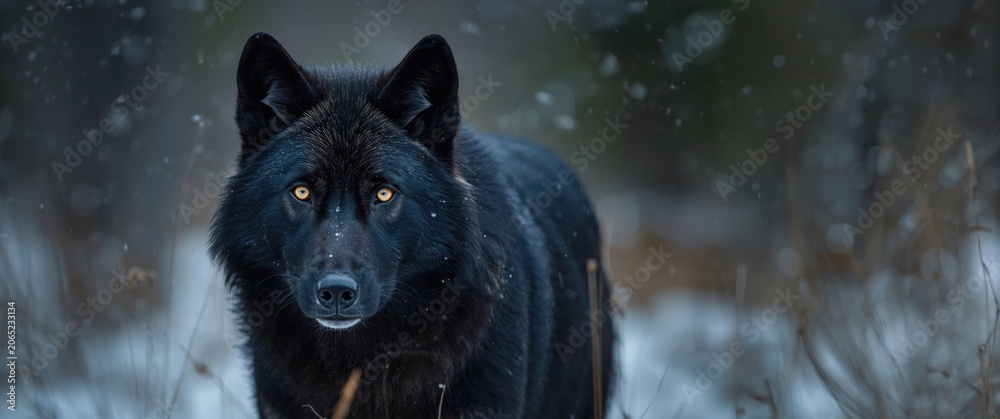 Fototapeta premium Black wolf standing in snowy forest with falling snow