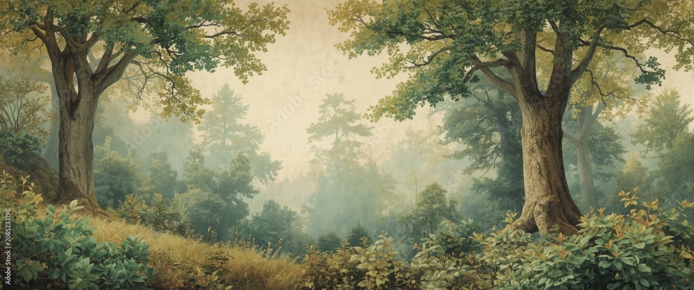 Fototapeta premium Timeless retro forest mural showcasing detailed trees and foliage shrubs on a gentle muted background