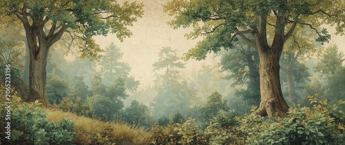 Timeless retro forest mural showcasing detailed trees and foliage shrubs on a gentle muted background