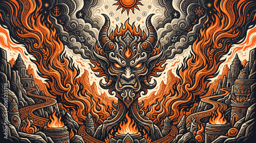 Ancient Mythological Demon Face Emerging from Flaming Volcanic Landscape Illustration