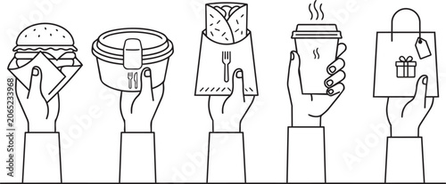 Food delivery icons, restaurant takeout symbols, hand holding fast food, vector illustrations, black and white line art