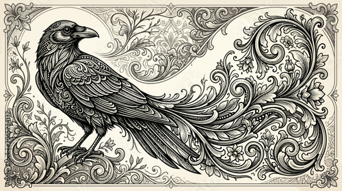Intricate Engraved Crow Illustration with Vintage Floral Scrollwork Pattern