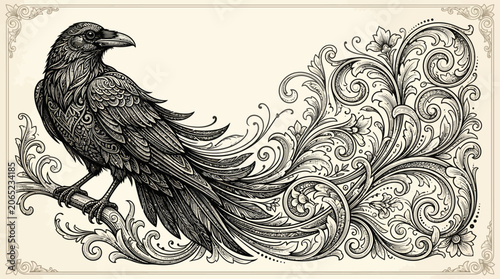 Detailed Raven in Flight with Ornate Floral Filigree Background Vintage Engraving Style Illustration