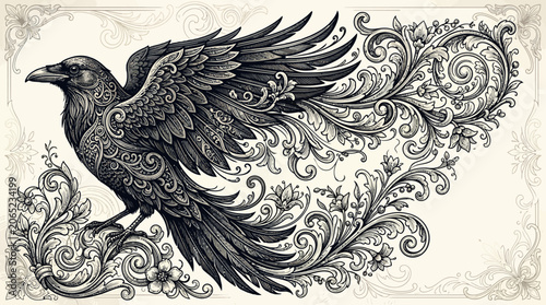 Intricate Ornamental Raven Illustration With Flowing Floral Flourish Patterns in Vintage Etching Style