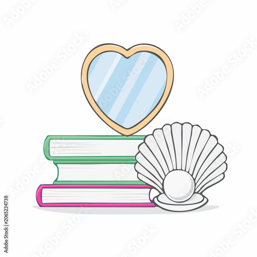 Heart Mirror, Books, and Seashell with Pearl