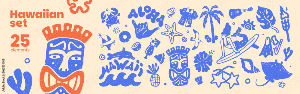 Fototapeta premium Hawaiian doodle set. Funny elements of tropical holidays in Hawaii. Items of summer vacations at sea resort. Icons of palms, surfing, african masks. Flat isolated hand drawn vector illustrations