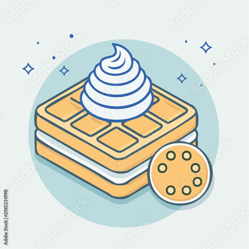 Waffle with Whipped Cream and Cookie Illustration