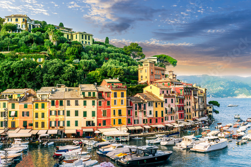 Photography sunset seascape in a beautiful summer bay of Portofino with blue azure sea water