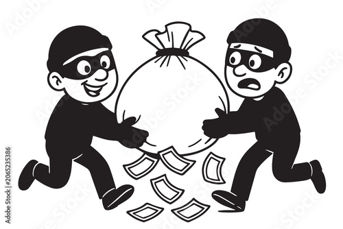 Fényképezés Adorable vector art showing two cute robbers holding a big sack filled with money, designed with cartoon expressions, simple shapes, fun character style, and unique illustration for creative concepts