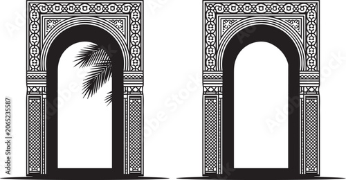 Traditional Islamic arch frame with ornate Moroccan portal and palm leaves