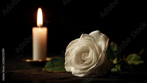 White rose lying on a dark surface next to a burning candle, symbolizing grief, sympathy, and remembrance