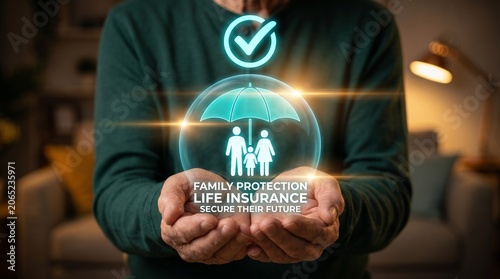 Hands holding glowing life insurance protection icon with family figures in warm indoor setting