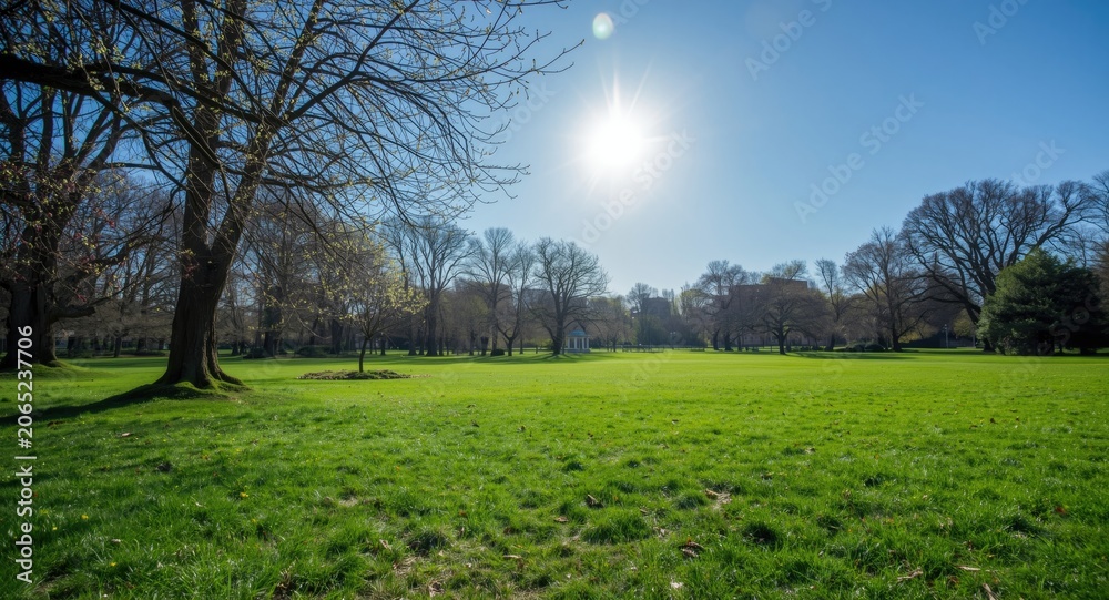 Obraz premium Sunny spring day in a vibrant green grassy park landscape