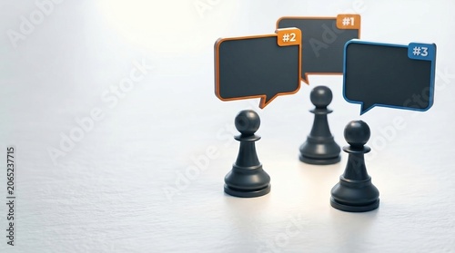 Strategic business chess pieces with numbered speech bubbles, competitive ranking concept with three black pawns, corporate communication and feedback illustration
