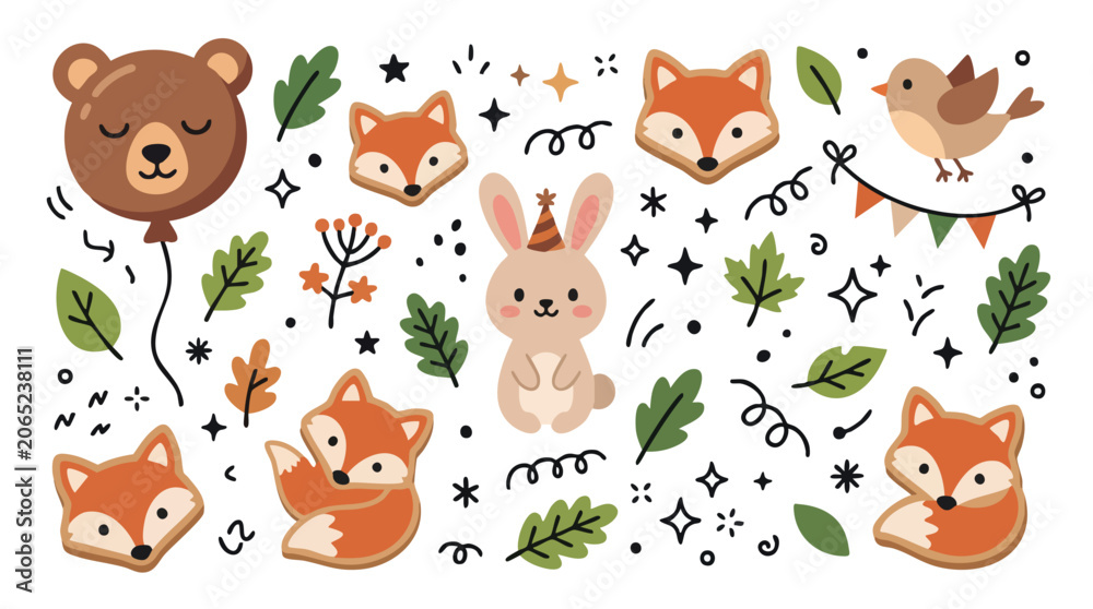 Obraz premium Adorable forest animal collection with bear fox rabbit and bird.