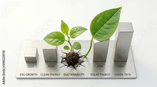 Sustainable ESG growth bar chart with green plant, clean energy and solar tech investment concept, 3D metallic financial graph for 2023 to 2026