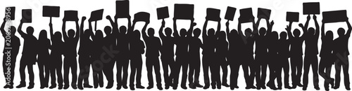 Fotografie Large silhouette crowd of people standing and holding blank banners up with silh