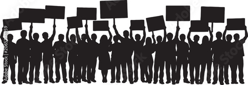 Tablou pe pânză Silhouette group of protesting people holding blank placards and signs with silh