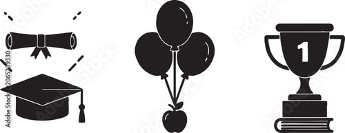 Slika na platnu Graduation success icons featuring a diploma balloons with an apple and a gold t
