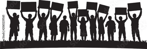 Tablou pe pânză Silhouette crowd standing and holding signs outdoors with silhouette activism de