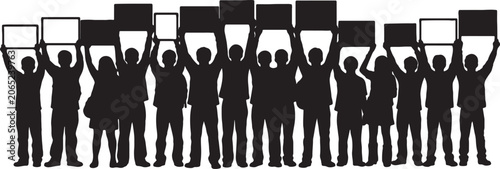 Large crowd of people silhouettes holding up blank rectangular signs with silhouette demonstration activism activist movement communication picketing together protesters background