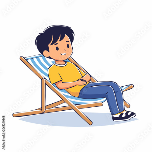 Boy Relaxing on a Striped Deck Chair