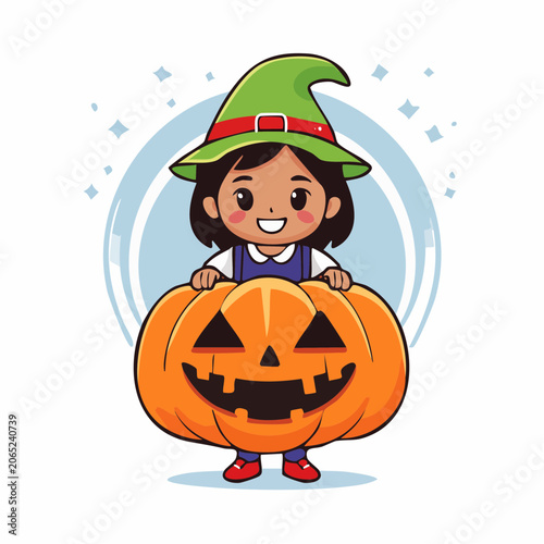 Cute Witch Girl Holding Jack-o'-lantern