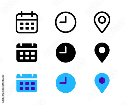 Collection of modern UI vector icons featuring time, location, date, and address symbols. Perfect for mobile apps, websites, dashboards, and user interface des