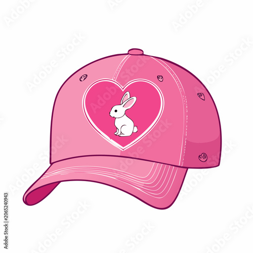 Pink Baseball Cap with White Rabbit in Heart Design