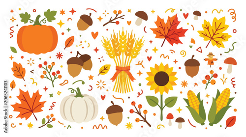 Autumn harvest elements set with pumpkins leaves wheat sunflowers and acorns.