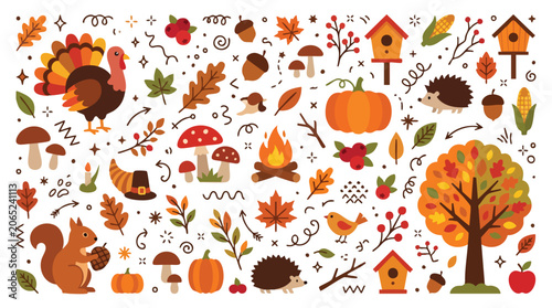 Autumn season elements set with turkey squirrel pumpkins and fall leaves.
