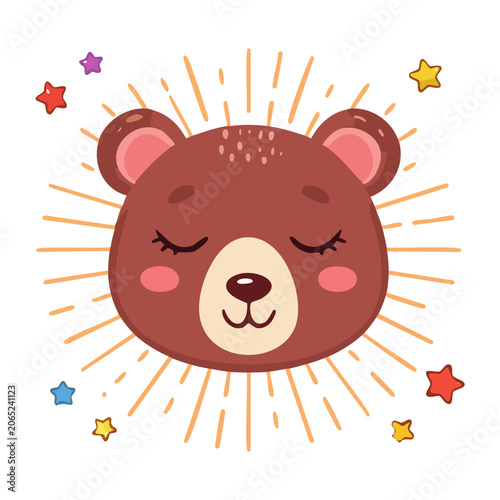 Cute cartoon bear face with stars and rays