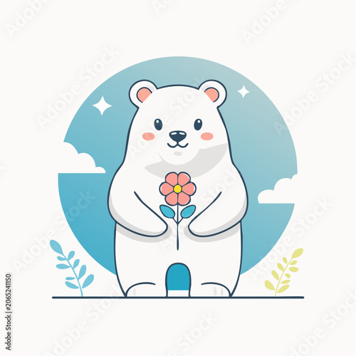 Cute polar bear holding a pink flower