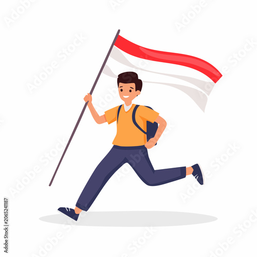 Young man running with Indonesian flag