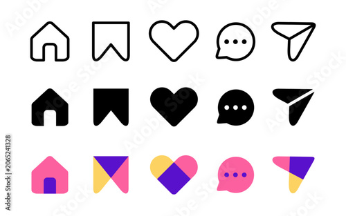 Collection of modern UI vector icons featuring home, like, comment, message, share, bookmark symbols. Perfect for mobile apps, websites, dashboards, and user interface