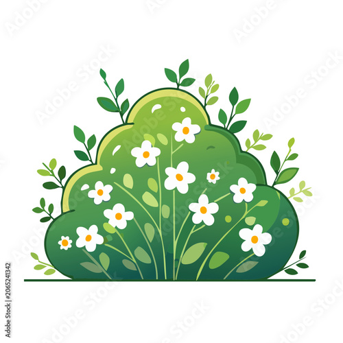 Green Bush with White Flowers Flat Illustration