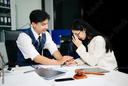 Photography Business Asian woman or judge consult and conference having team meeting with cl