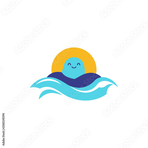 Smiling blue cartoon character in water.