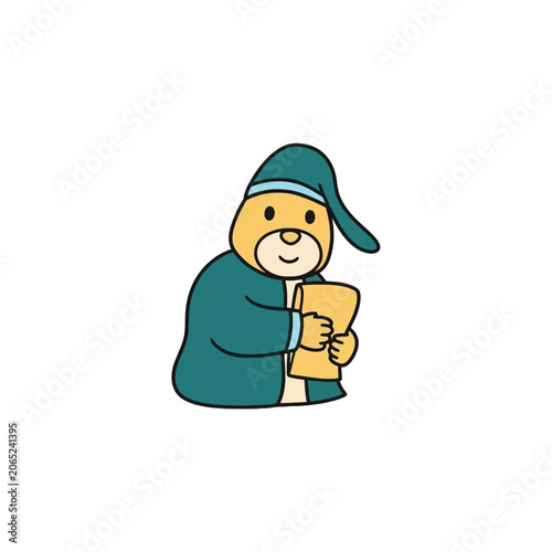 Smiling bear in green hoodie holding.
