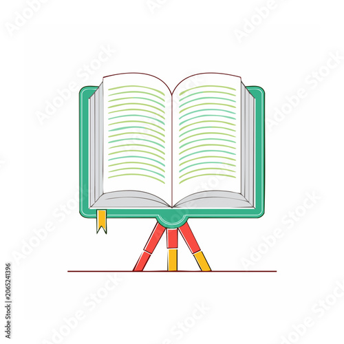Open book on easel with bookmark in flat design