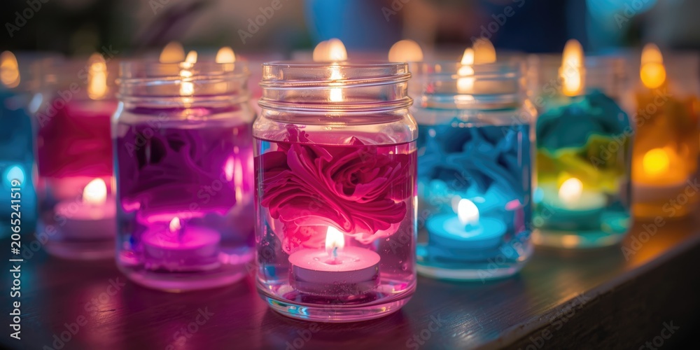 Fototapeta premium Vibrant floating candles placed in transparent glass jars for joyful events