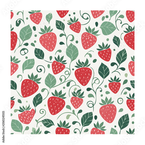 Seamless strawberry and leaf pattern on white
