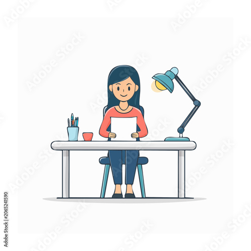 Woman sitting at desk with lamp and papers