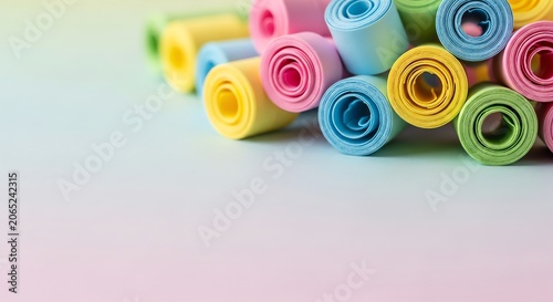 Pastel colored paper rolls arranged in a row on a gradient background