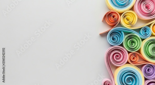 Pastel paper rolls arranged in swirling patterns on white background