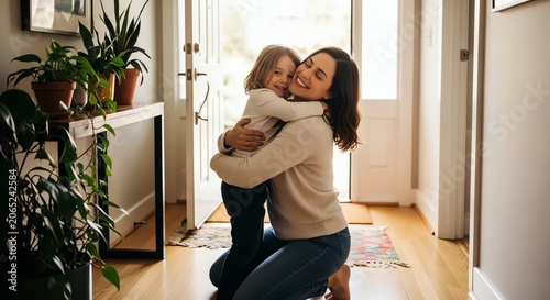 Mom and child hugging indoors with potted plants and doorway