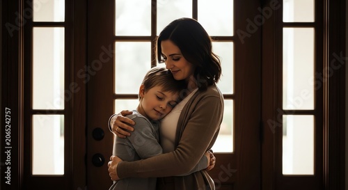 Mother embraces son near a dark wood paneled door