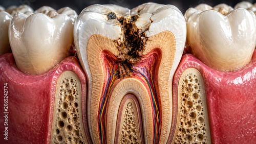 Cross section of cracked human tooth showing dental caries decay with exposed pulp chamber and root canal anatomy